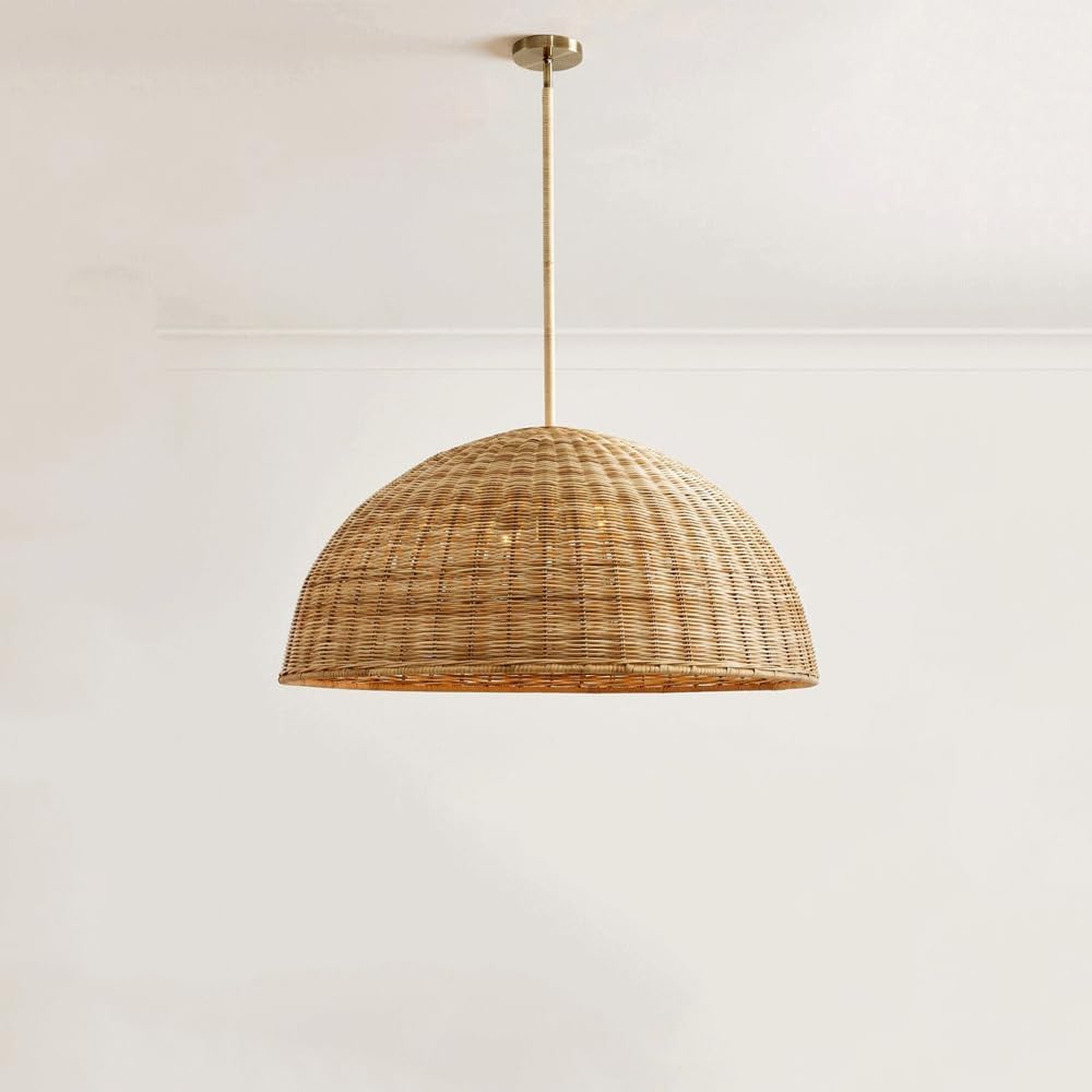 Audara Classique Suspension Rotin Culot E26/E27 Diamètre 50cm Lampe Suspendue Abat-jour Semi-Circulaire Lustres pour Couloir Cage d'Escalier Salon Balcon Salle à Manger Luminaire