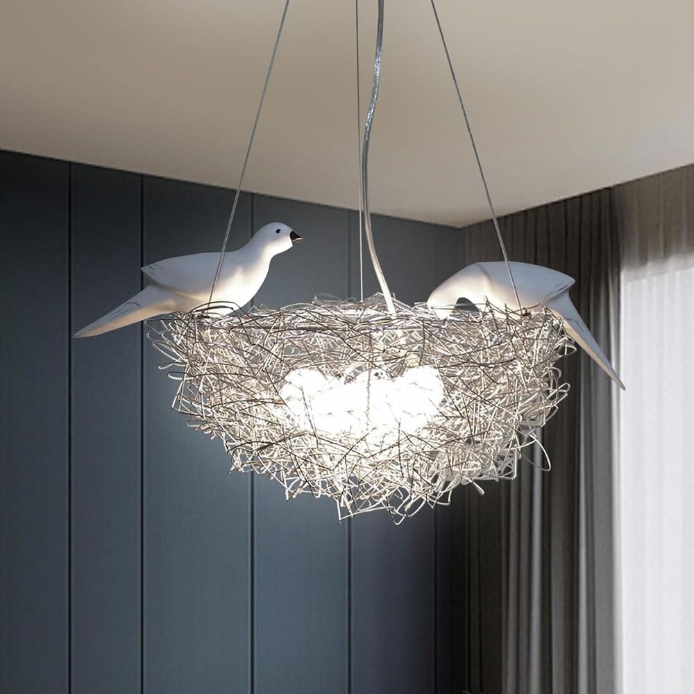 Audara Creative Art 2 Oiseaux Nid d'Oiseau Forme Aluminium Suspension 5/8 Sources Lumineuses Chambre Bureau Salle à Manger Lampe Suspendue Salon Chaleureux Cuisine Îlot Lustre Ferme Rustique Luminaire
