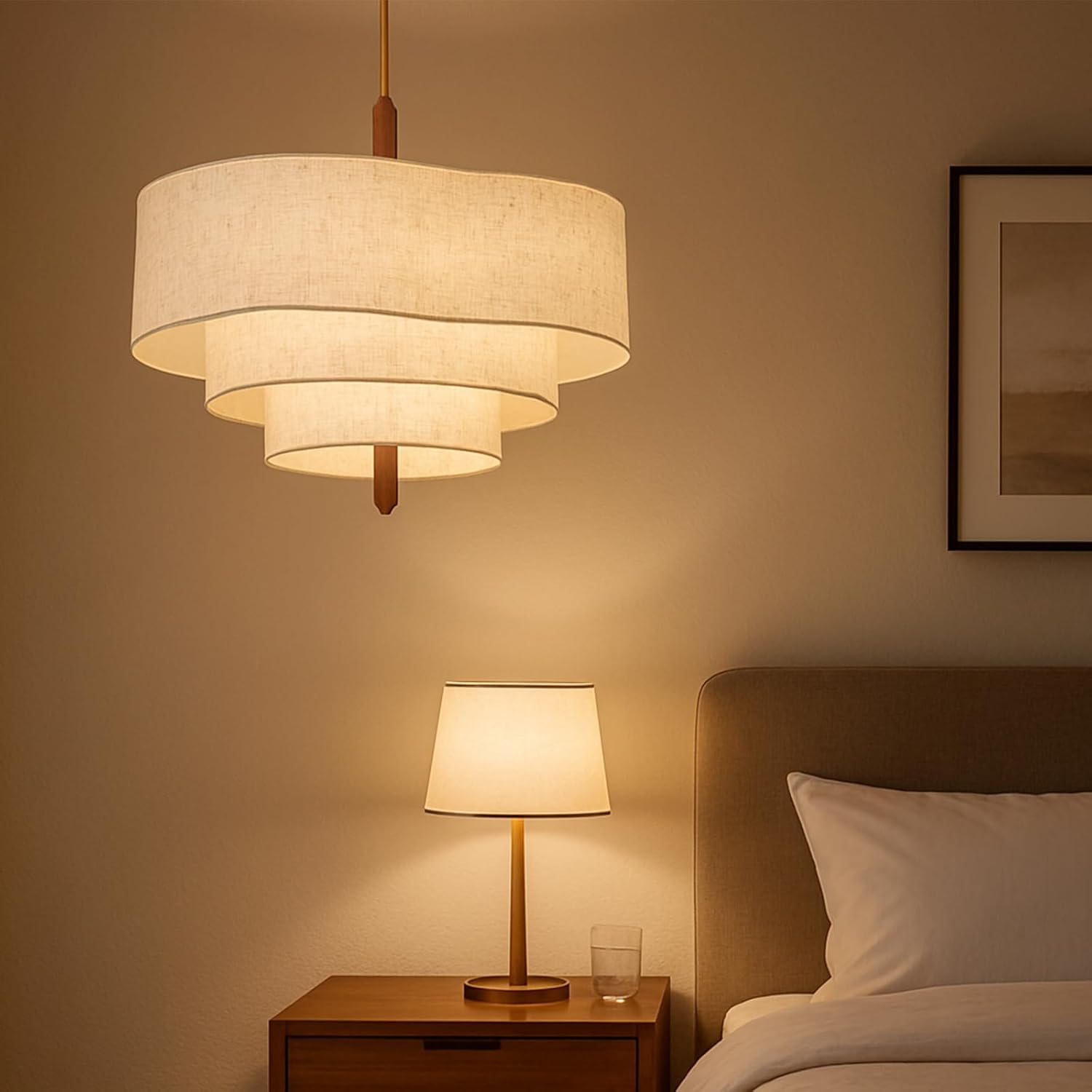 Lustre LED Audara 45 cm à 3 niveaux en tissu blanc, suspension dimmable 2 lumières 3 couleurs avec cadre en métal et accents en bois massif, lampe à suspendre bohème minimaliste chaleureuse pour salle à manger, chambre à coucher, salon