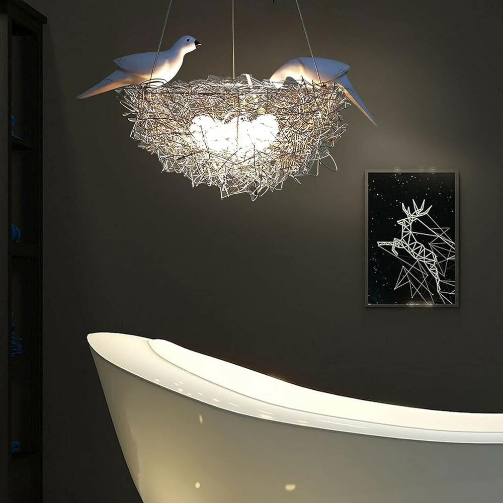 Audara Creative Art 2 Oiseaux Nid d'Oiseau Forme Aluminium Suspension 5/8 Sources Lumineuses Chambre Bureau Salle à Manger Lampe Suspendue Salon Chaleureux Cuisine Îlot Lustre Ferme Rustique Luminaire