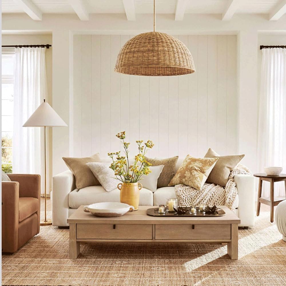 Audara Classique Suspension Rotin Culot E26/E27 Diamètre 50cm Lampe Suspendue Abat-jour Semi-Circulaire Lustres pour Couloir Cage d'Escalier Salon Balcon Salle à Manger Luminaire