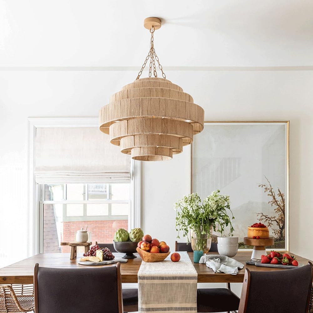 Audara Nature Color Grande Suspension Française Corde de Chanvre Tressée à la Main Douille E26 D80cm Lustre Salon Chambre Balcon Couloir Centre Commercial Villa Loft Luminaire de Salle à Manger