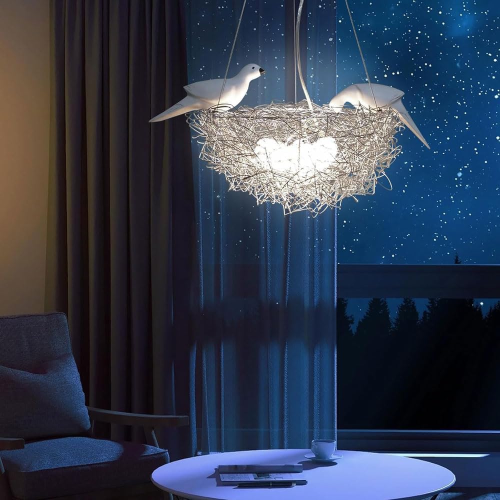 Audara Creative Art 2 Oiseaux Nid d'Oiseau Forme Aluminium Suspension 5/8 Sources Lumineuses Chambre Bureau Salle à Manger Lampe Suspendue Salon Chaleureux Cuisine Îlot Lustre Ferme Rustique Luminaire