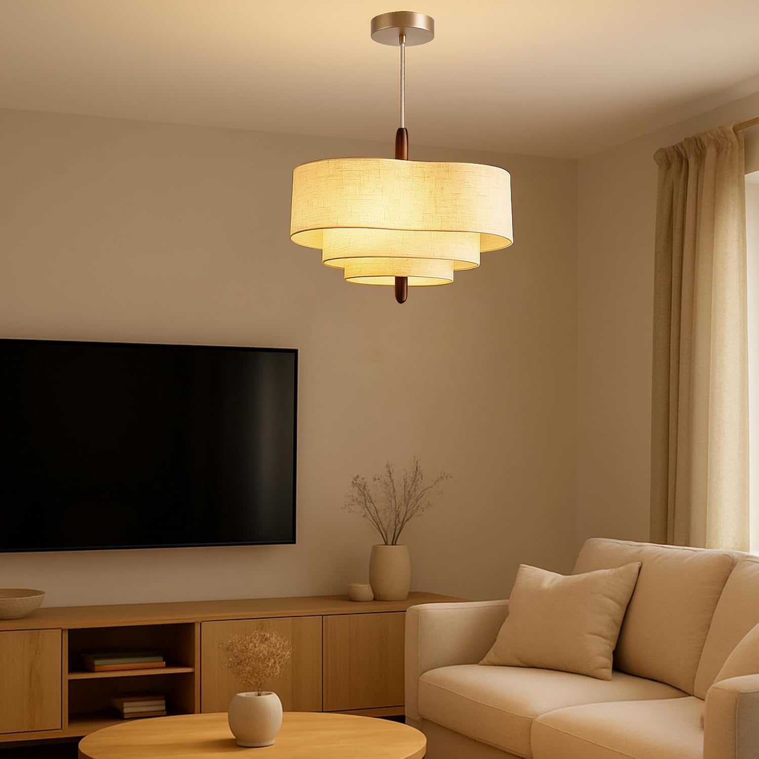 Lustre LED Audara 45 cm à 3 niveaux en tissu blanc, suspension dimmable 2 lumières 3 couleurs avec cadre en métal et accents en bois massif, lampe à suspendre bohème minimaliste chaleureuse pour salle à manger, chambre à coucher, salon