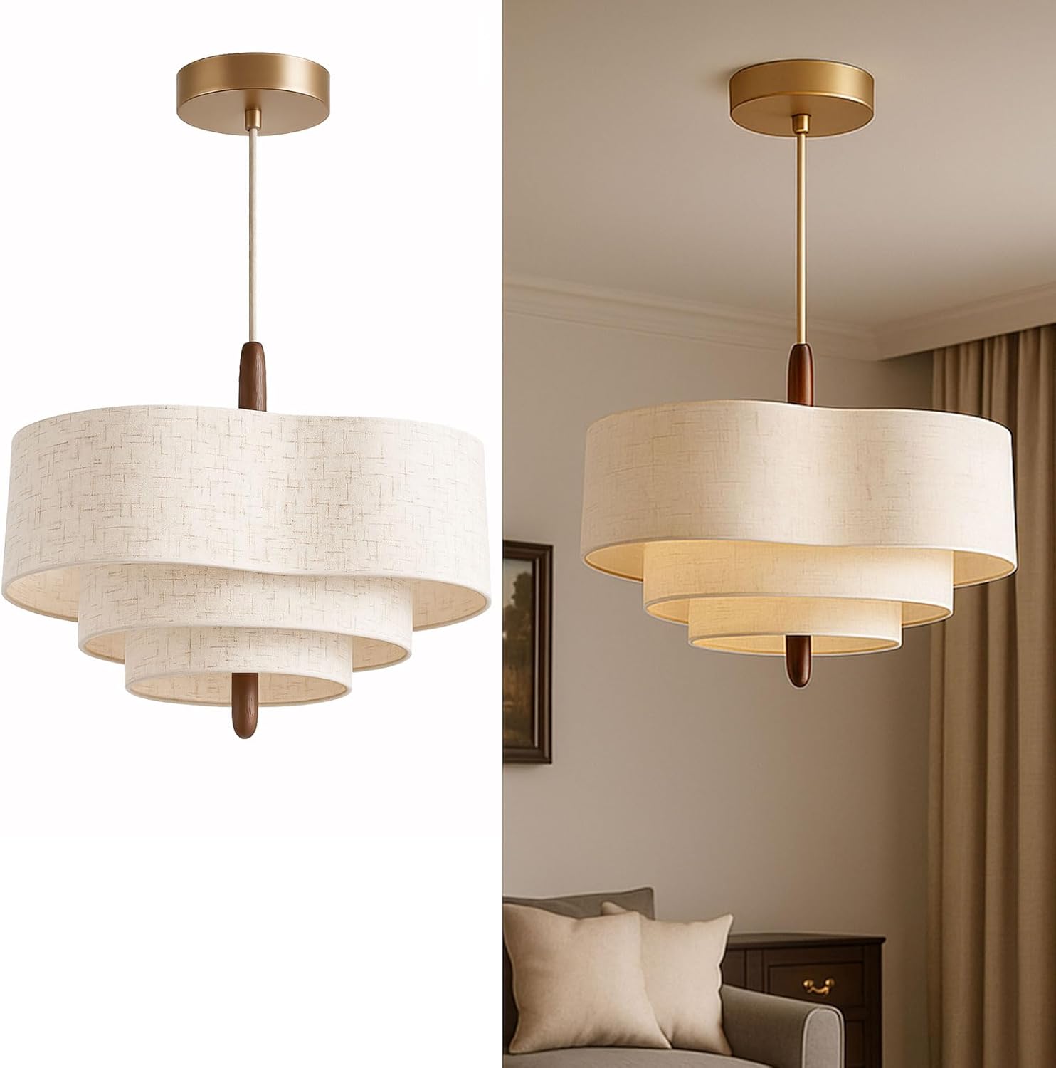 Lustre LED Audara 45 cm à 3 niveaux en tissu blanc, suspension dimmable 2 lumières 3 couleurs avec cadre en métal et accents en bois massif, lampe à suspendre bohème minimaliste chaleureuse pour salle à manger, chambre à coucher, salon