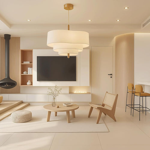 Lustre LED Audara 45 cm à 3 niveaux en tissu blanc, suspension dimmable 2 lumières 3 couleurs avec cadre en métal et accents en bois massif, lampe à suspendre bohème minimaliste chaleureuse pour salle à manger, chambre à coucher, salon