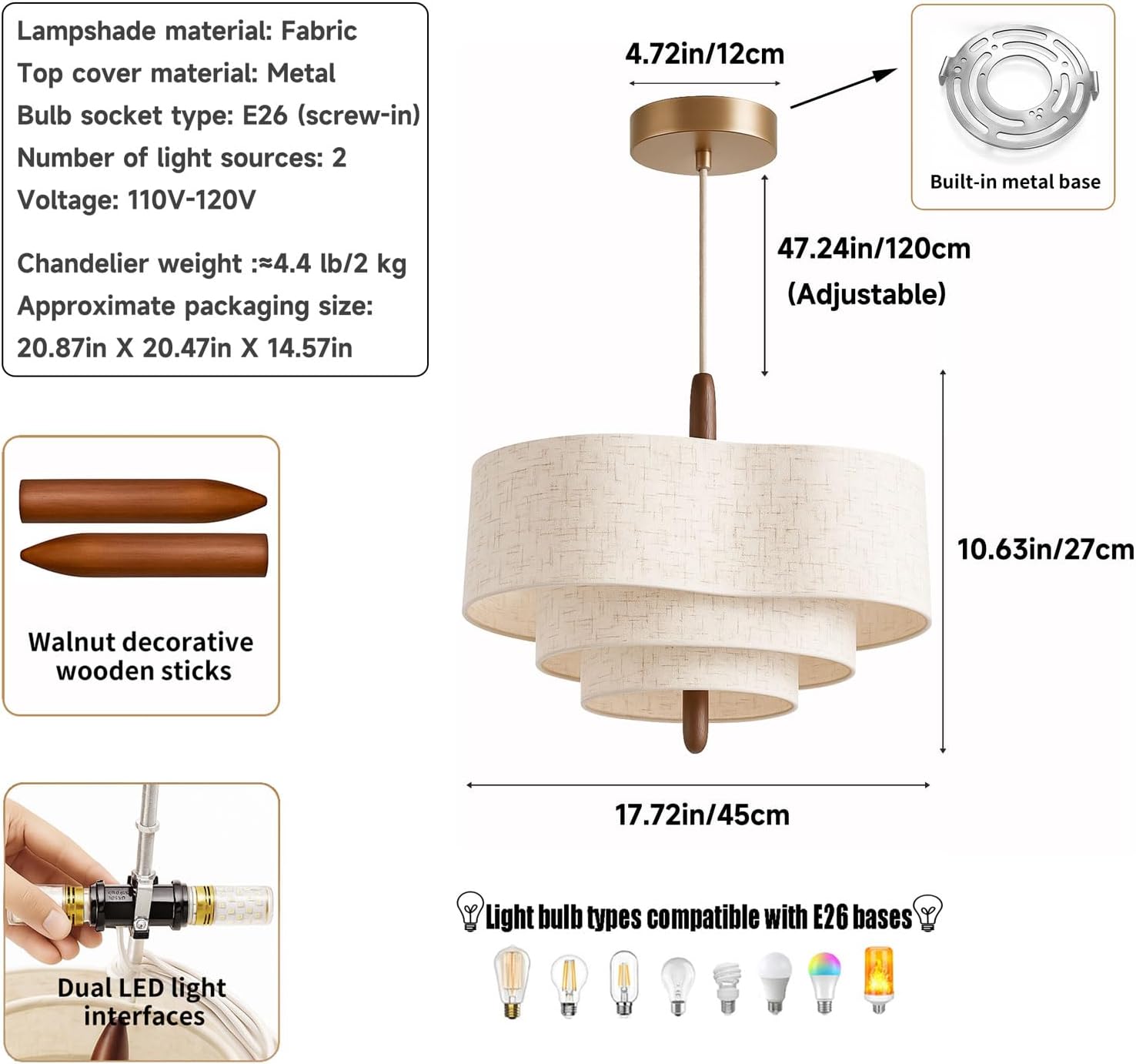 Lustre LED Audara 45 cm à 3 niveaux en tissu blanc, suspension dimmable 2 lumières 3 couleurs avec cadre en métal et accents en bois massif, lampe à suspendre bohème minimaliste chaleureuse pour salle à manger, chambre à coucher, salon
